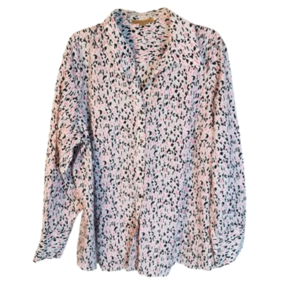 ALEX MARIE Black Pink & White Wrinkle-Free Stretch Button Blouse - Women's 22 W